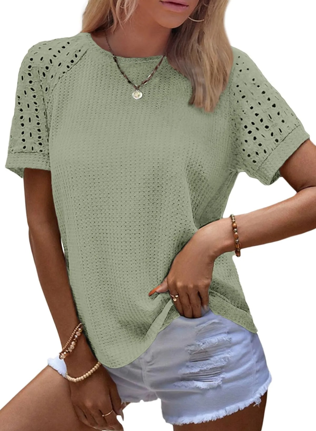 HOT SALE Women's Casual Crew Neck Hollow Out Raglan Short Sleeve Waffle Knit Tops