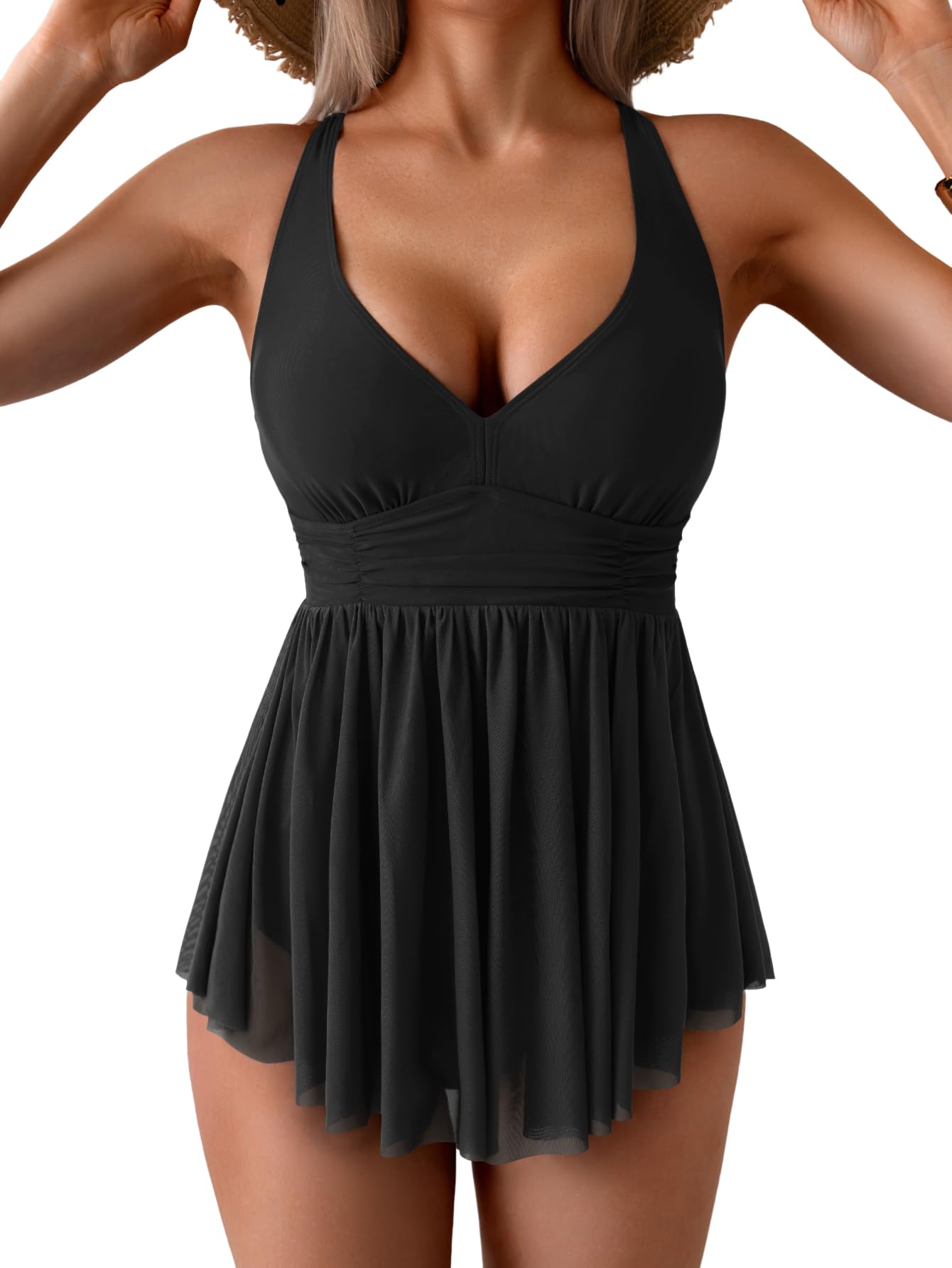 HOT SALE Women's One Piece Swim Dress Swimsuit Tummy Control Mesh Swimdress