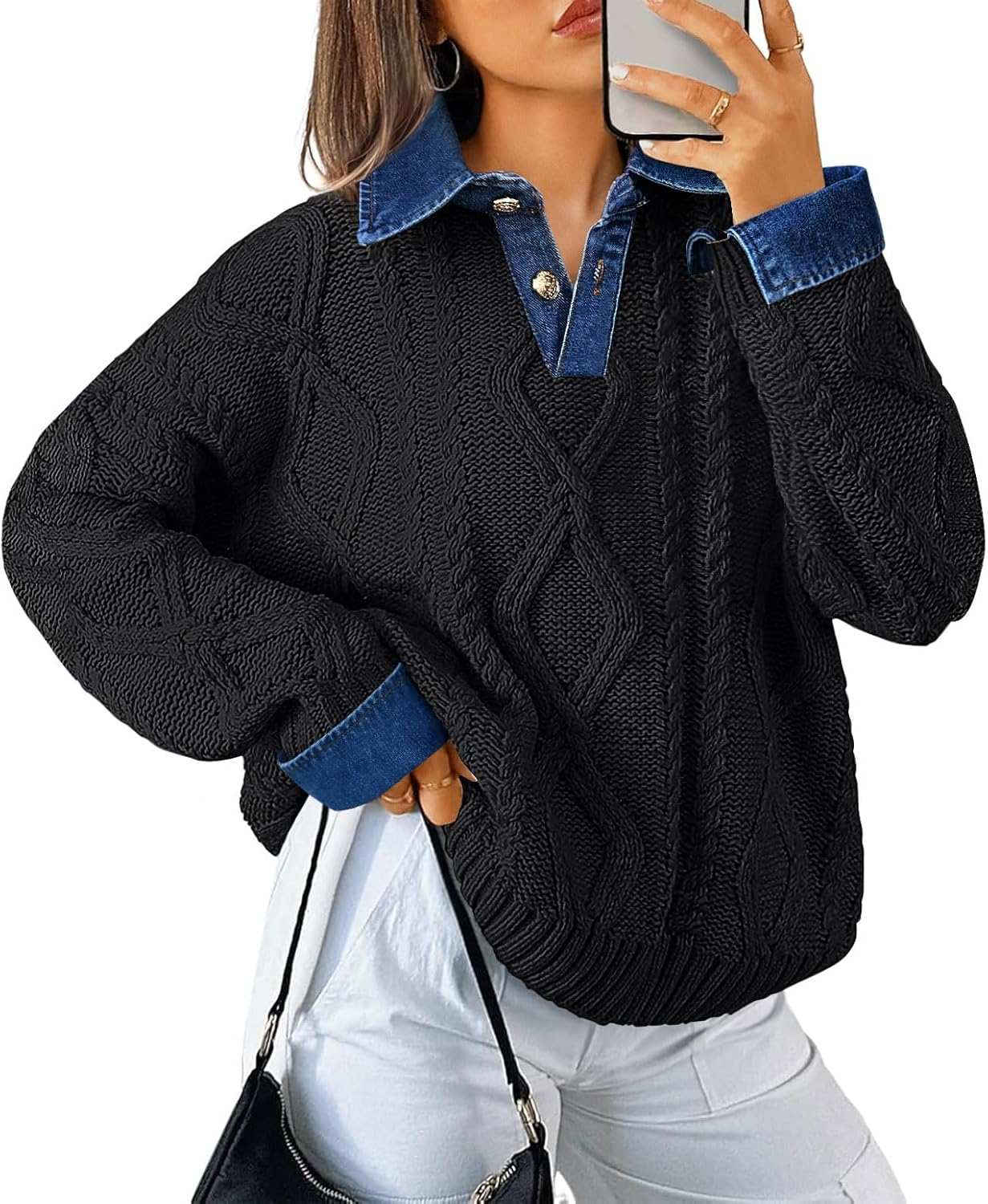 Womens Oversized Denim Polo Neck Cable Knit Sweaters 