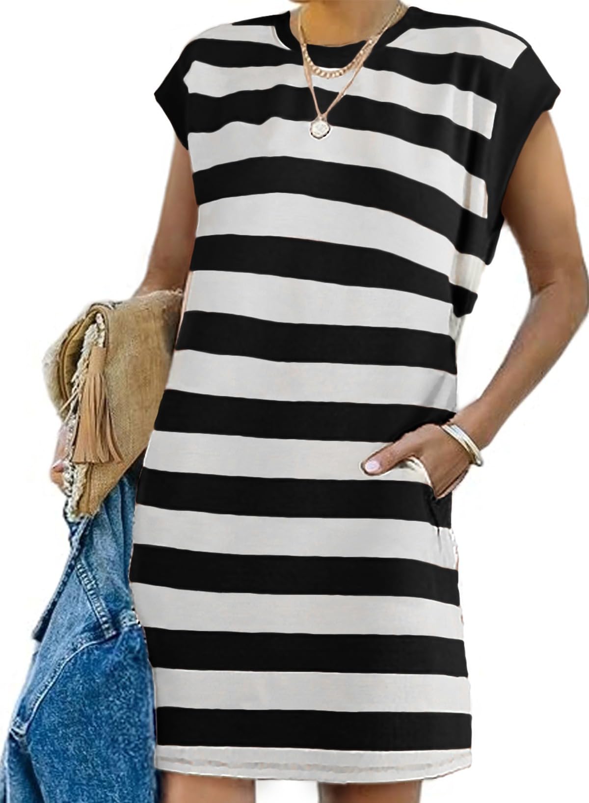 🔥2024 Summer Hot🔥Women's Cap Sleeve Color Block T-shirt Dress