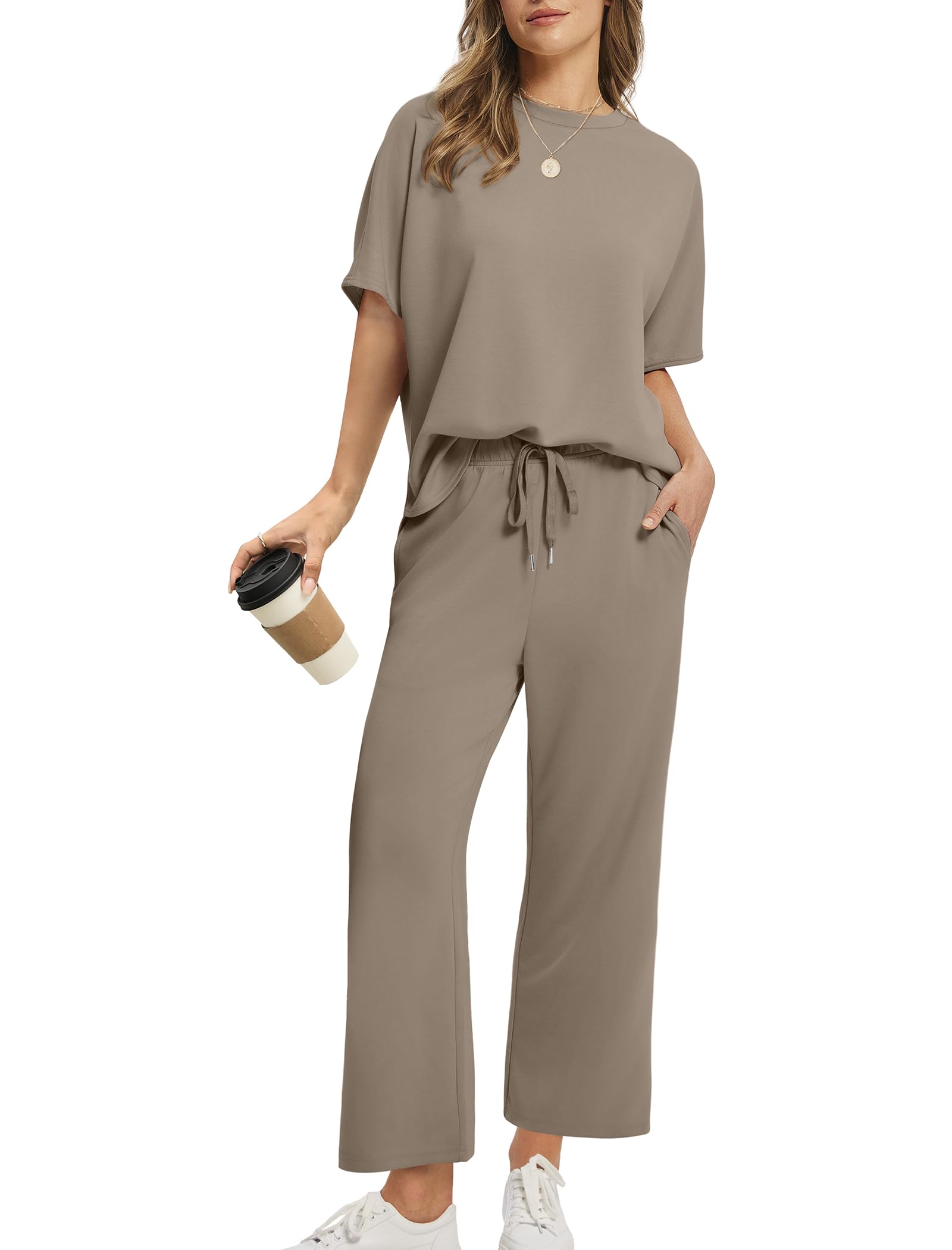Women Oversized Tshirt and Wide Leg Crop Pants 2 Piece Sets