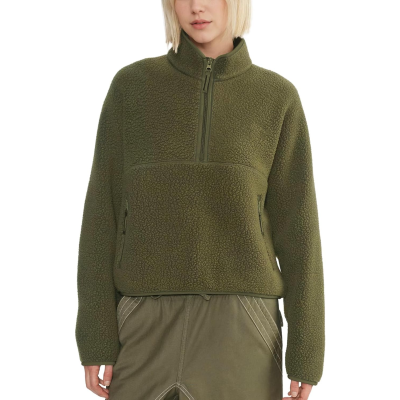 Womens Cropped Half Zip Fuzzy Warm Sherpa Fleece Pullover with Zipper Pockets