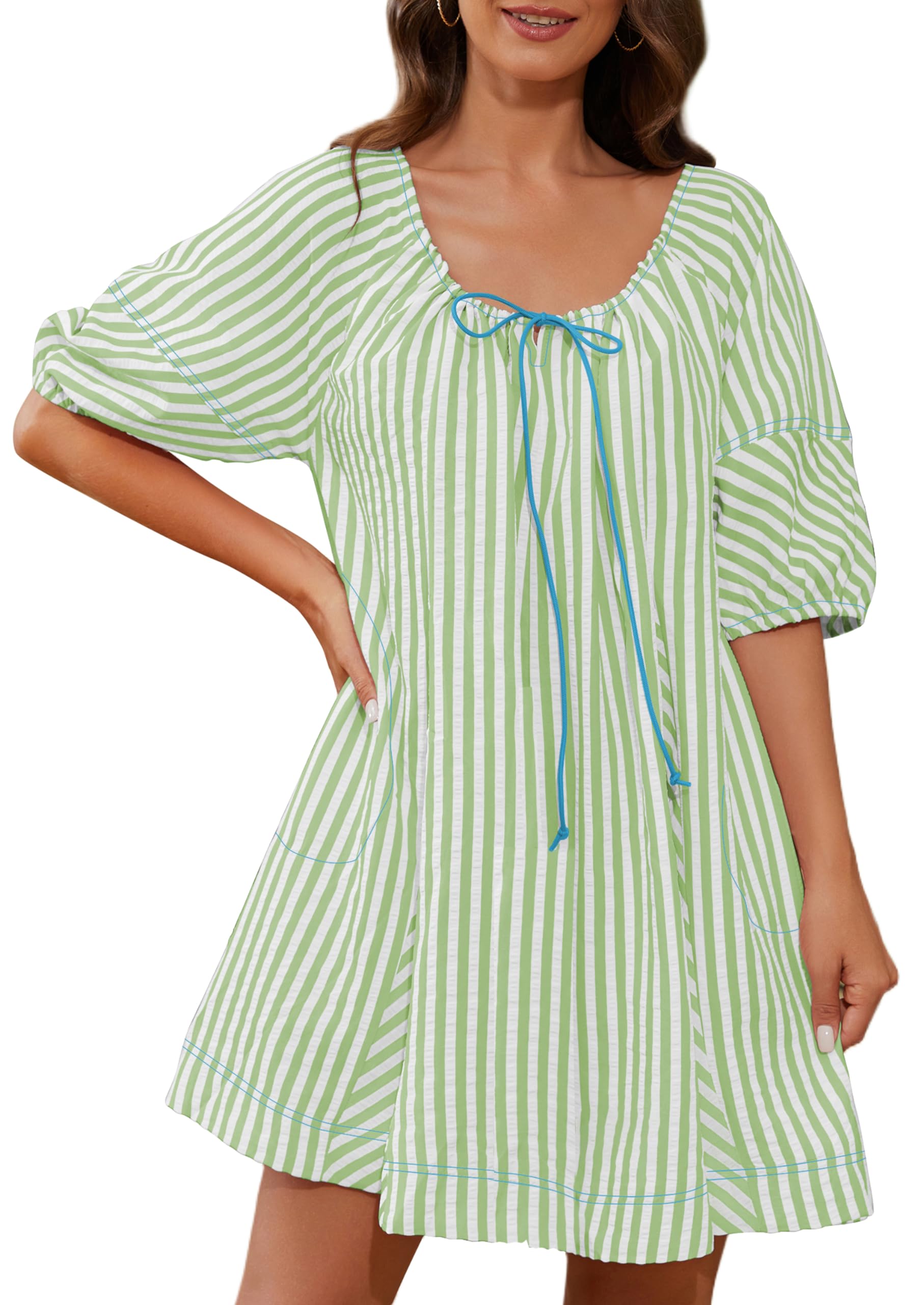 🔥2024 Summer Hot🔥Striped Puff Sleeve Scoop Neck Keyhole Back Swing Dress