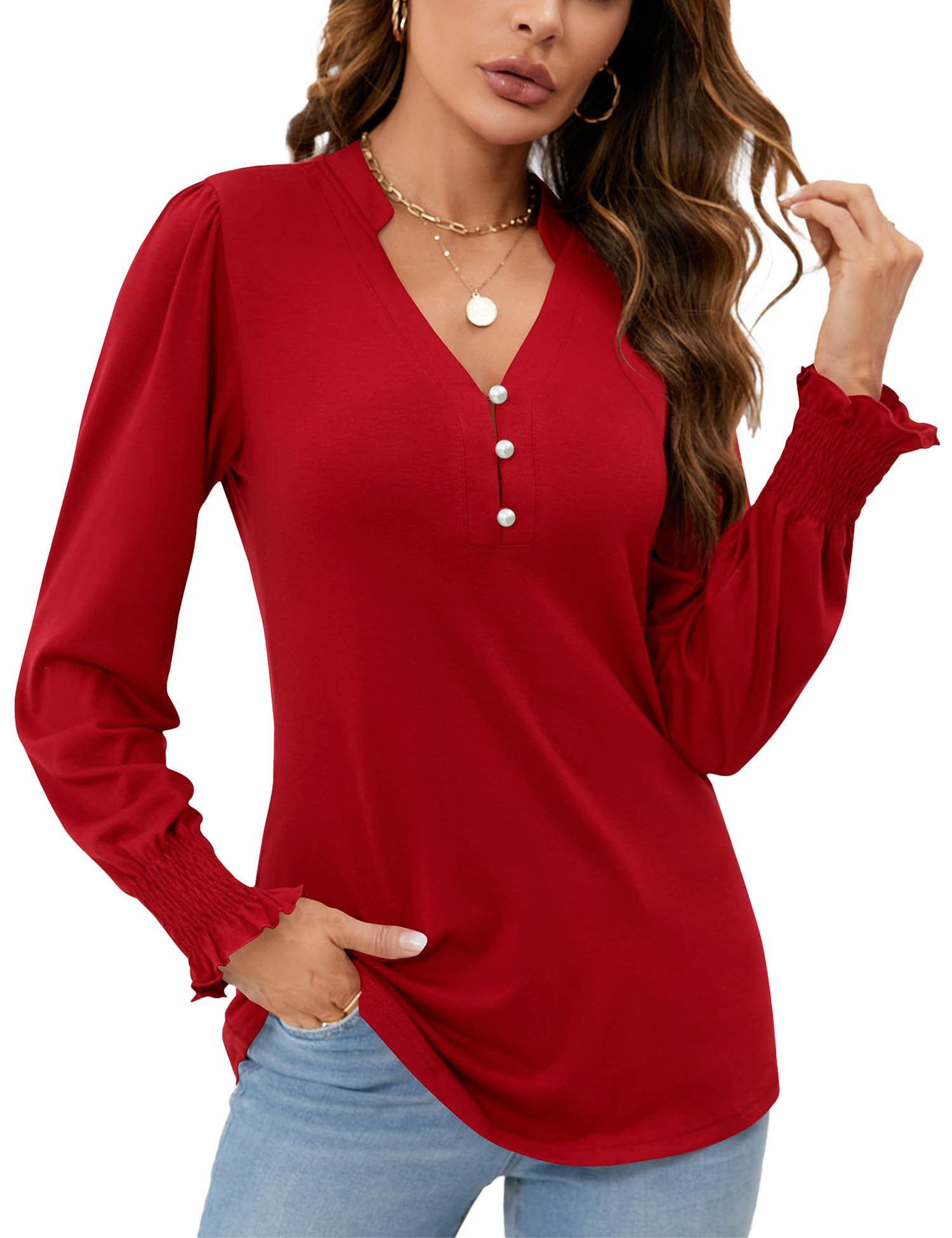 2025 New Womens V Neck Puff Long Sleeve Ruffle Cuffs Tunic Blouses(buy 2 free shipping)