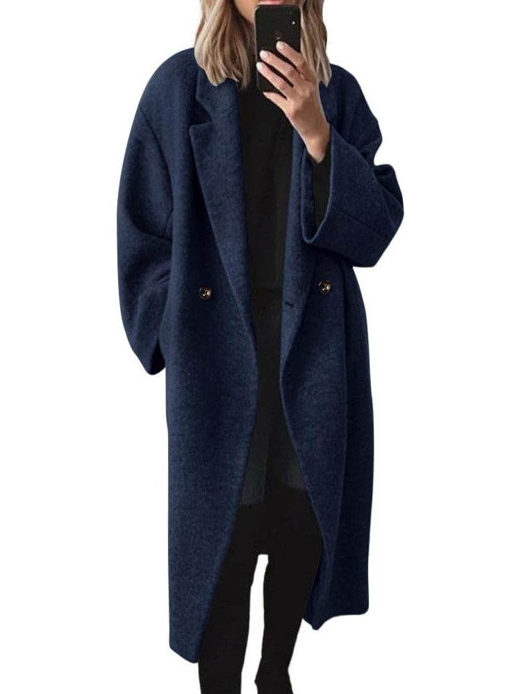Women's Winter Double Breasted Wool Coat Notch Lapel Long Trench Coat