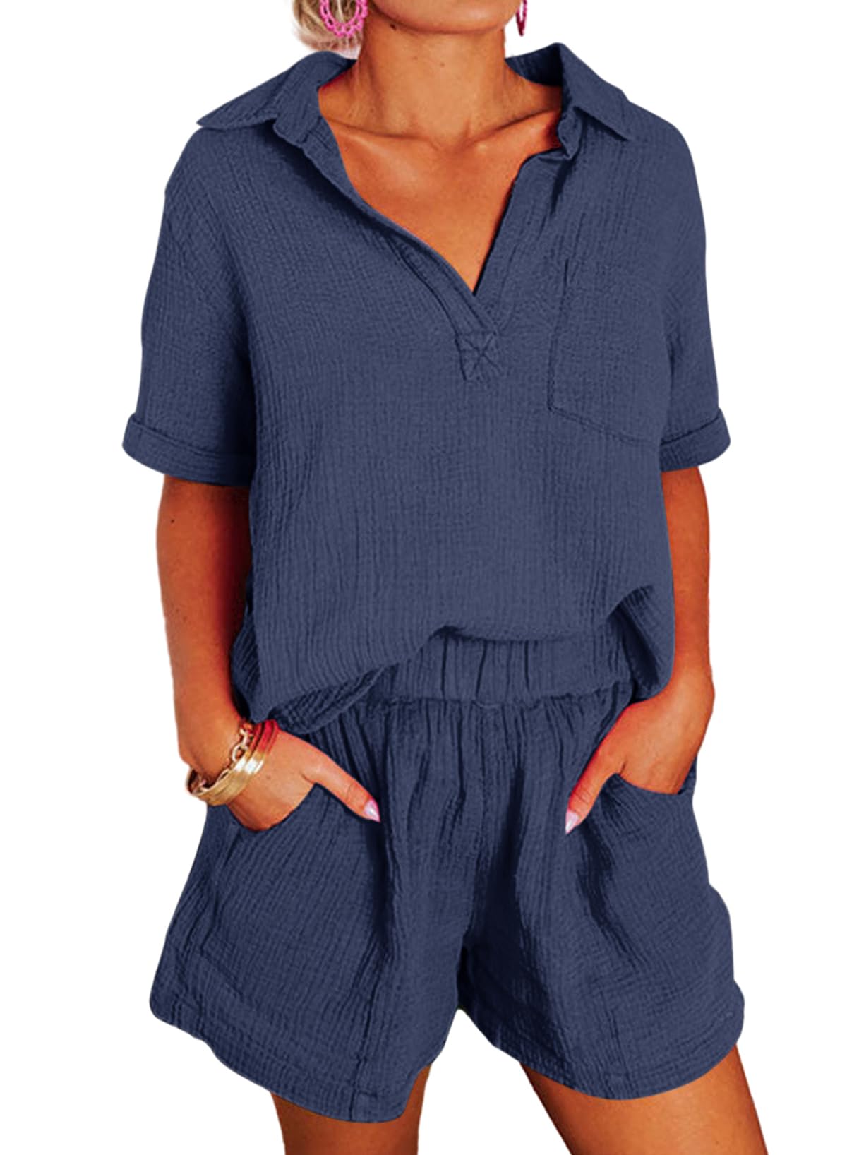 Women's Two Piece Outfits V Neck Short Sleeve Shirts and High Waist Shorts Lounge Sets