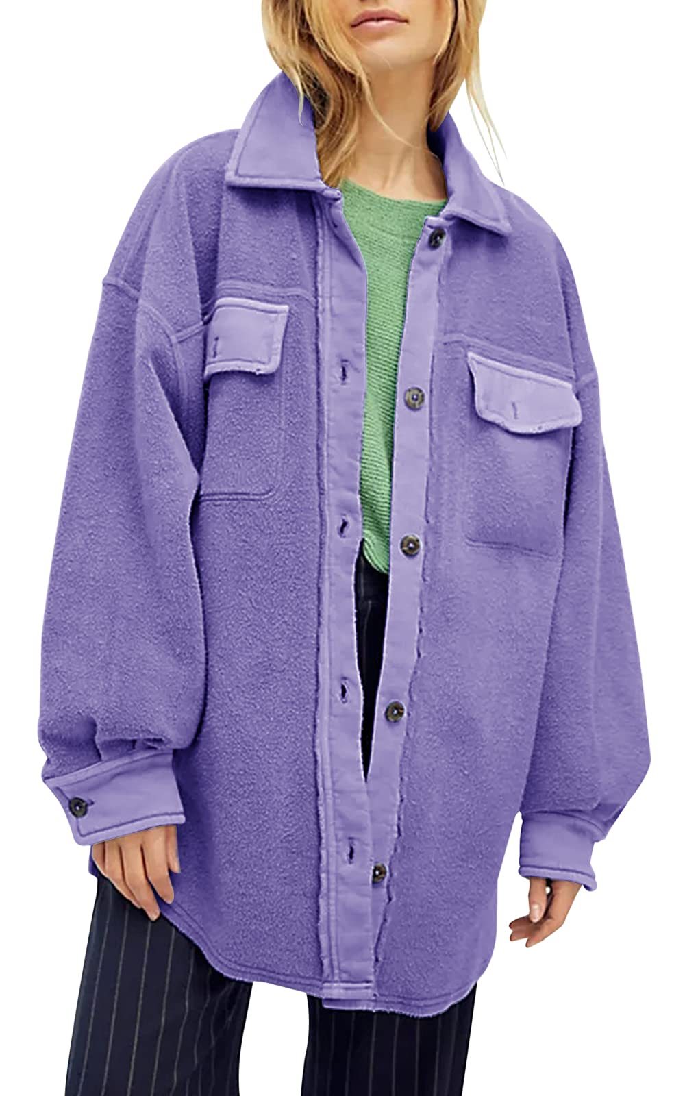 HOT SALE Women's Oversized Fleece Long Sleeve Button Down Shirt Jacket