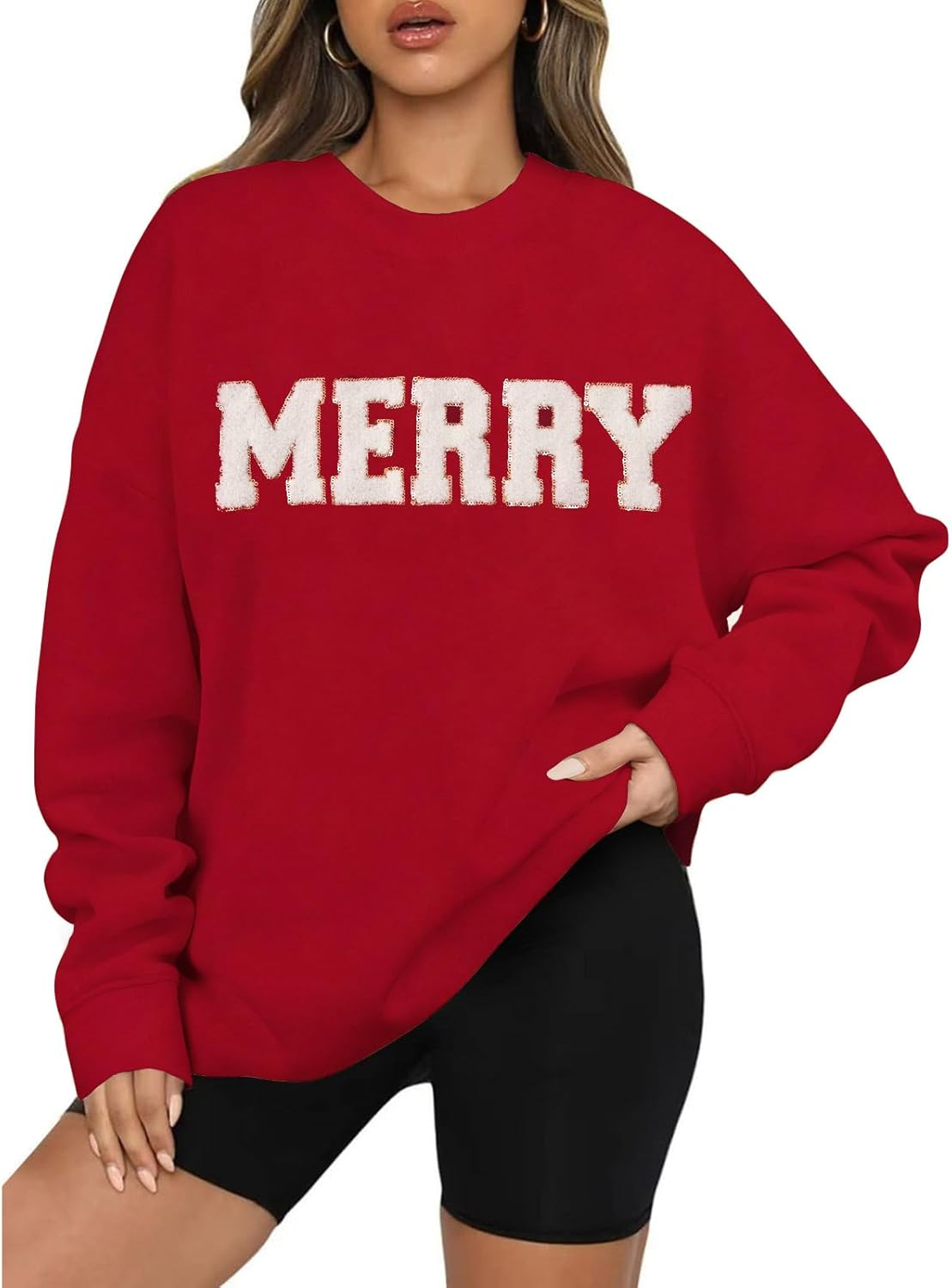 Merry Christmas Glitter Patch Oversized Sweatshirt (BUY 2 FREE SHIPPING)