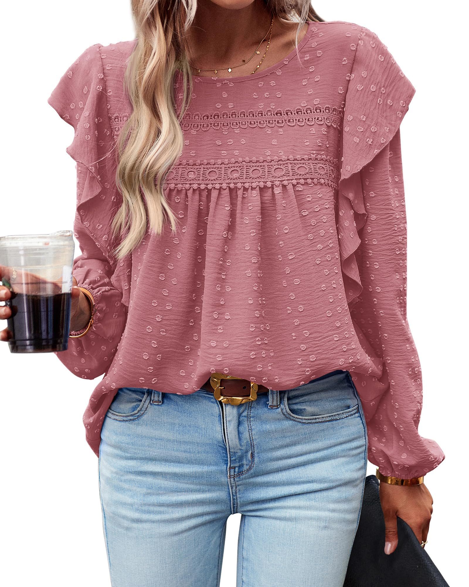 HOT SALE Women's Long Sleeve Ruffle Swiss Dot Crochet Tops