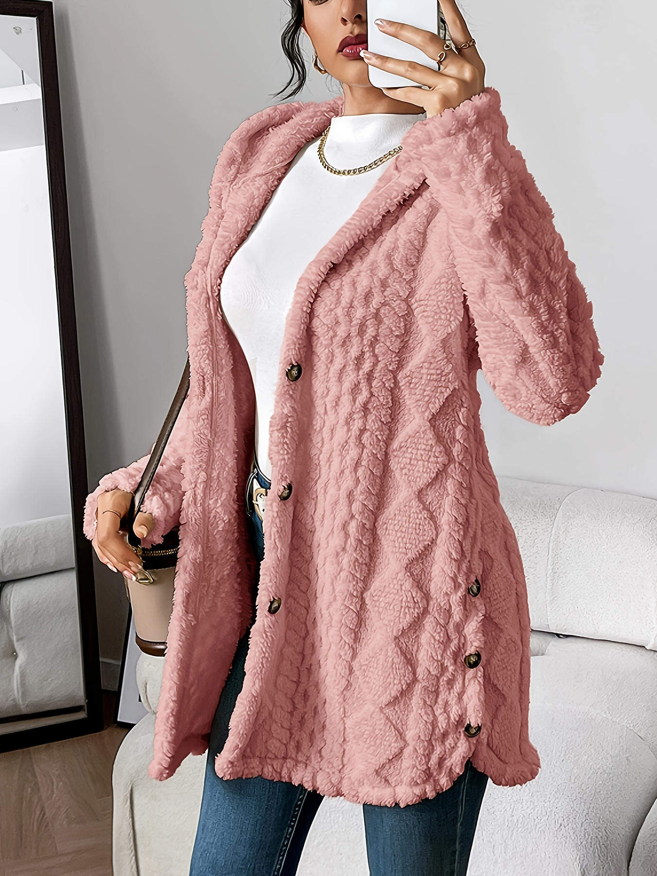Womens Cozy Quilted Faux Fur Hooded Cardigan