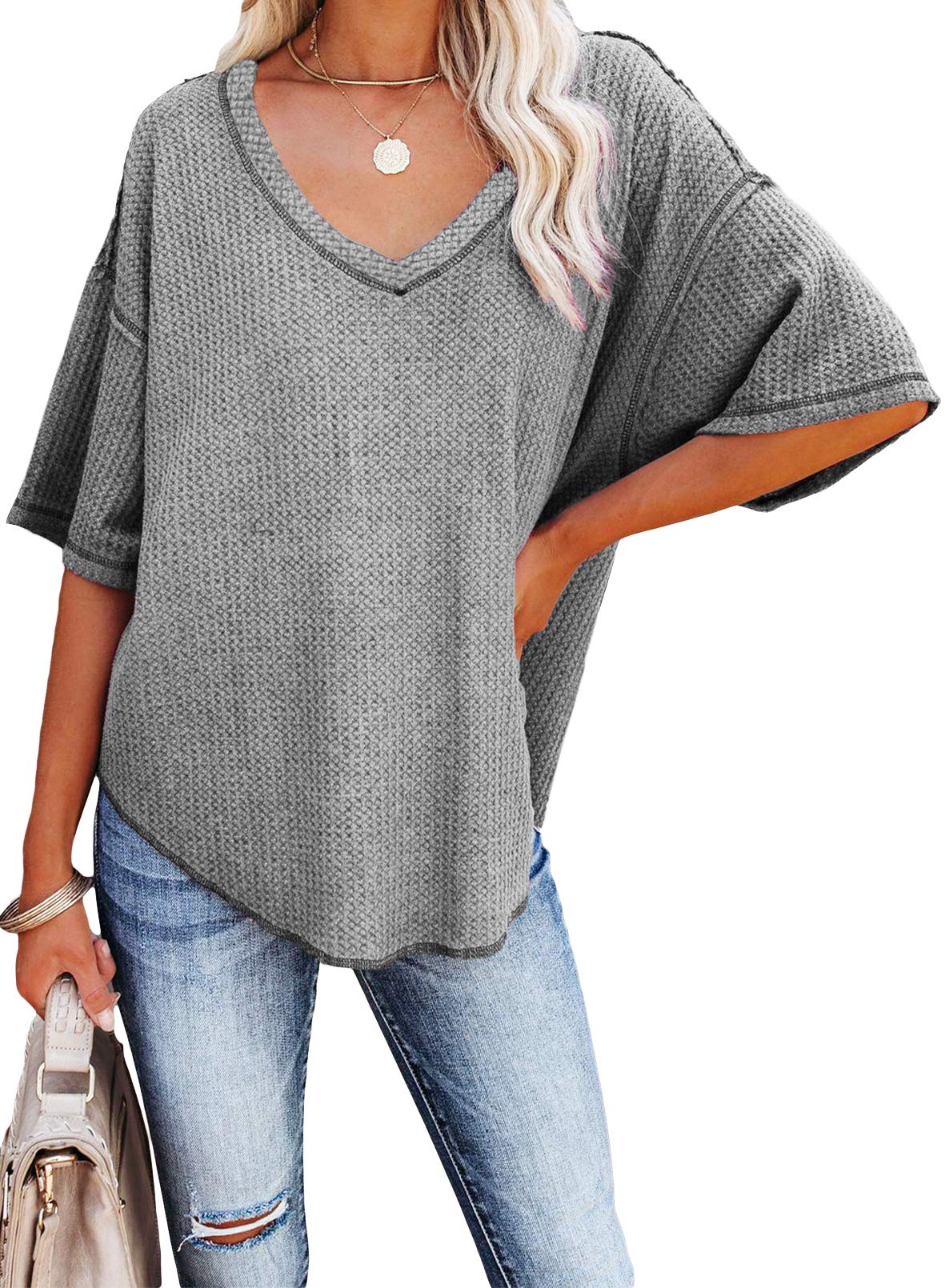 2025 New Women's Causual V Neck Short Sleeve Shirts Waffle Knit Loose Tunic Tops(buy 3 free shipping)