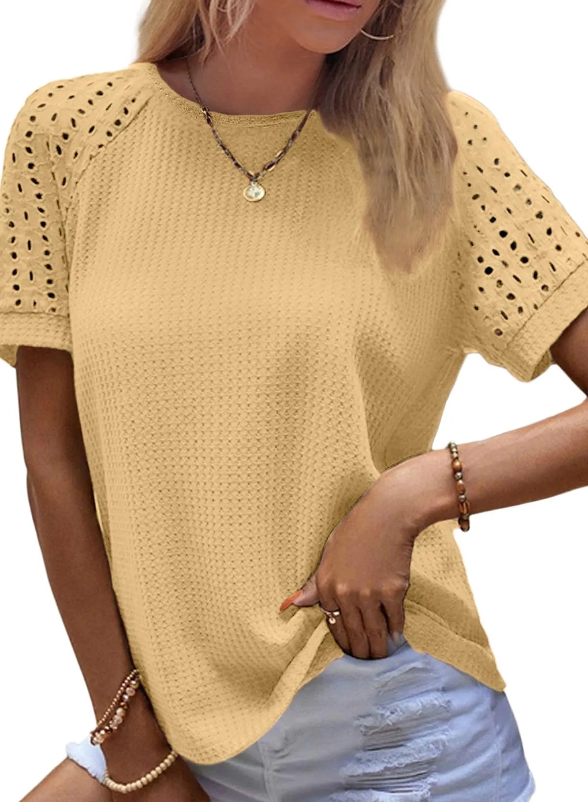 HOT SALE Women's Casual Crew Neck Hollow Out Raglan Short Sleeve Waffle Knit Tops