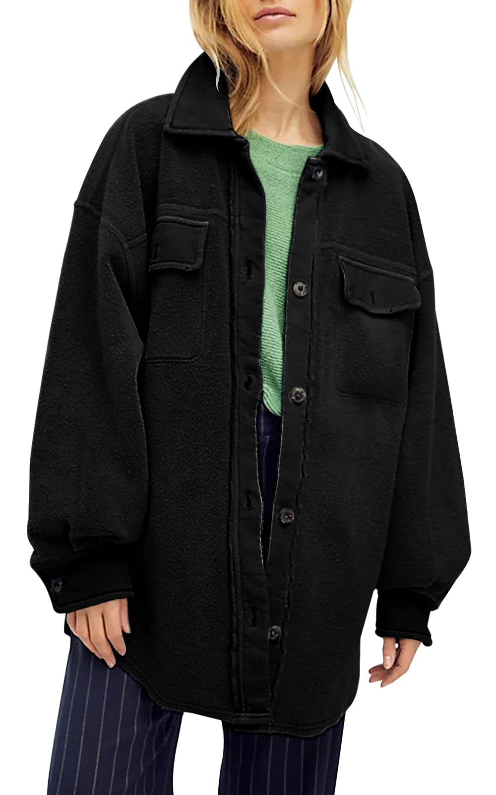 HOT SALE Women's Oversized Fleece Long Sleeve Button Down Shirt Jacket