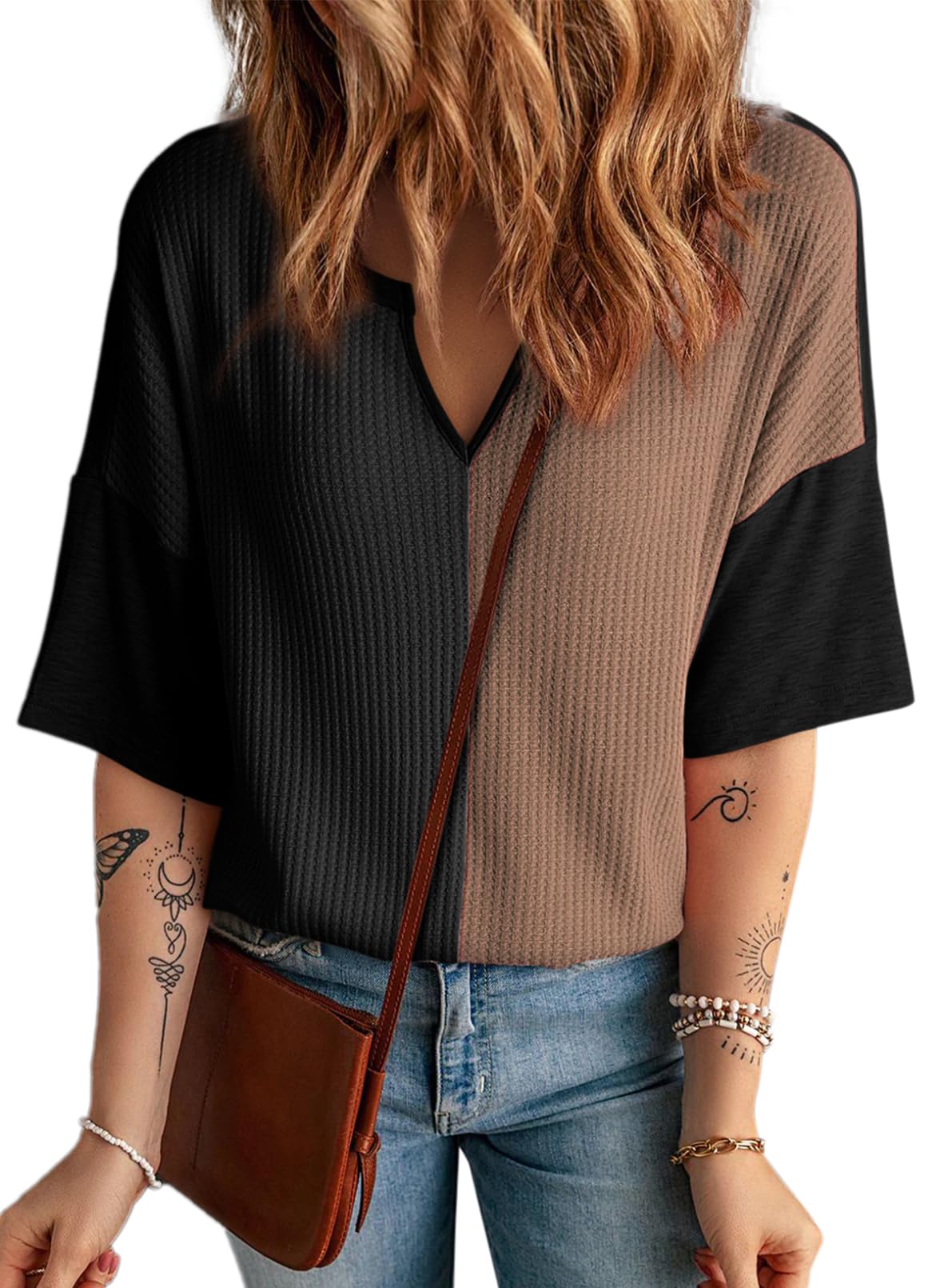 2025 New Women's Half Sleeve Waffle Knit Casual V Neck Colorblock Patchwork Shirts(buy 2 free shipping)