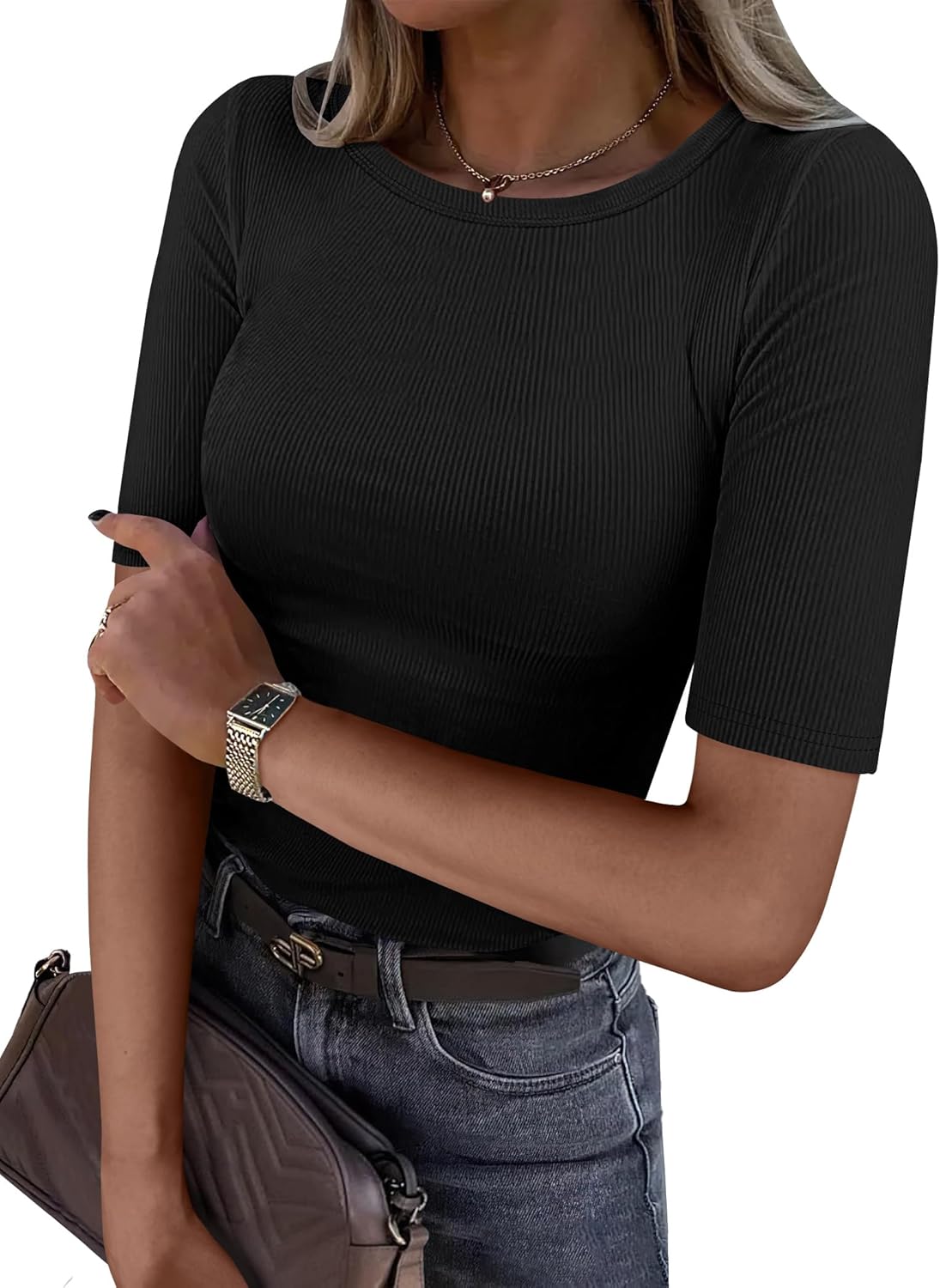 Womens Half Sleeve Crewneck Tops Ribbed Knit Slim Fit Shirts Basic Tee