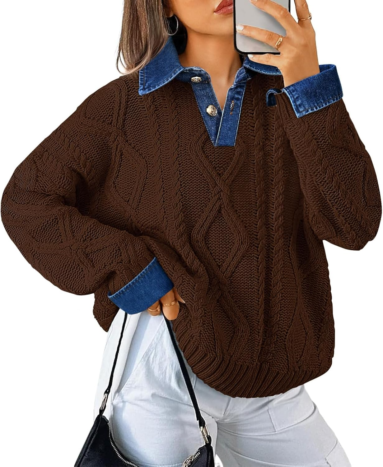 Womens Oversized Denim Polo Neck Cable Knit Sweaters 