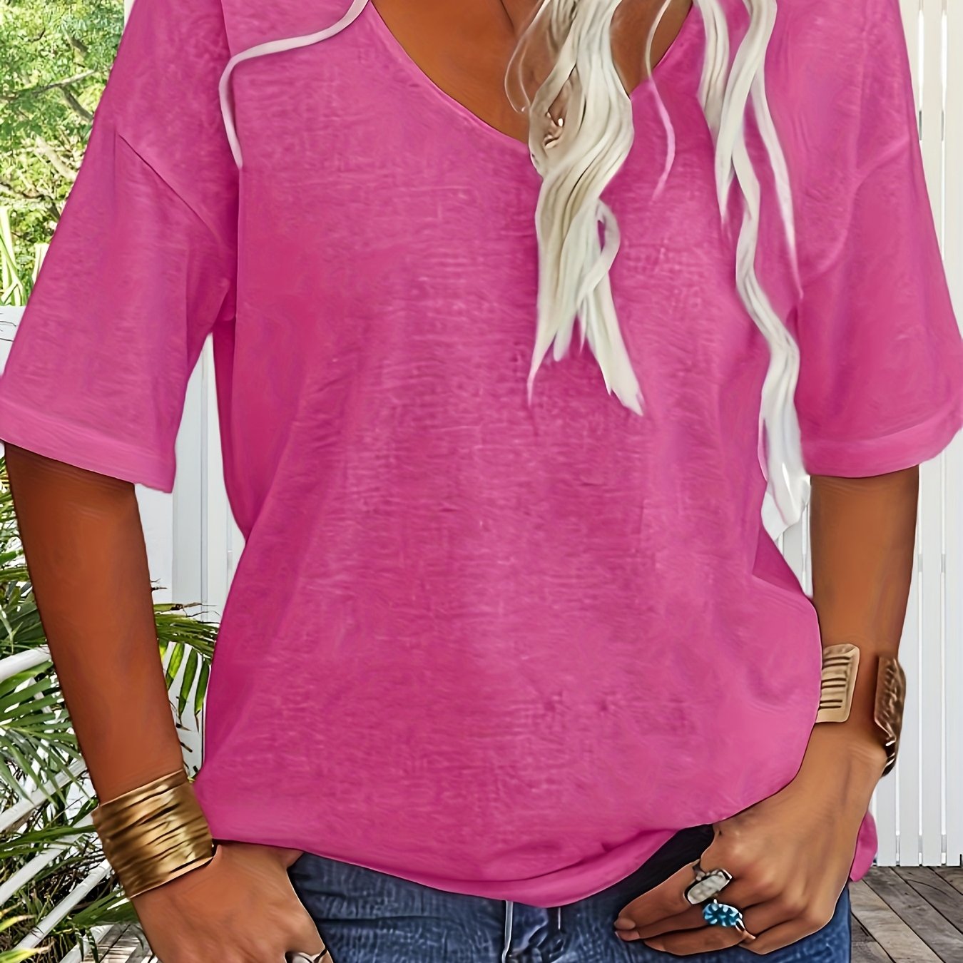 Women's Fashion V-Neck Half Sleeves Oversized T Shirt Solid Casual Loose Basic Tops(buy 3 free shipping)