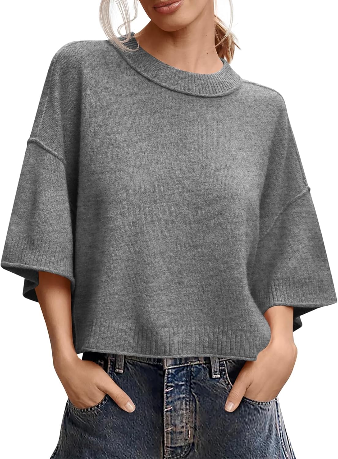 Womens Short Sleeve Oversized Crop Sweater Tops