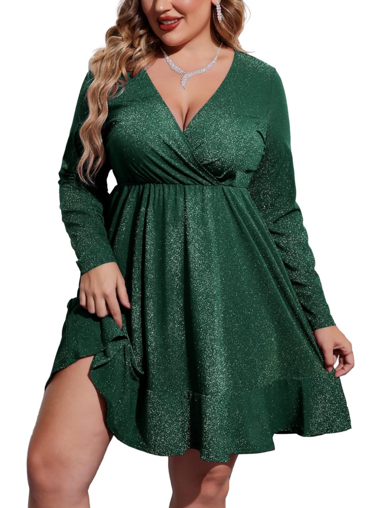 Womens Glitter Dress V Neck Long Sleeve Ruffle Hem Glitter Dress
