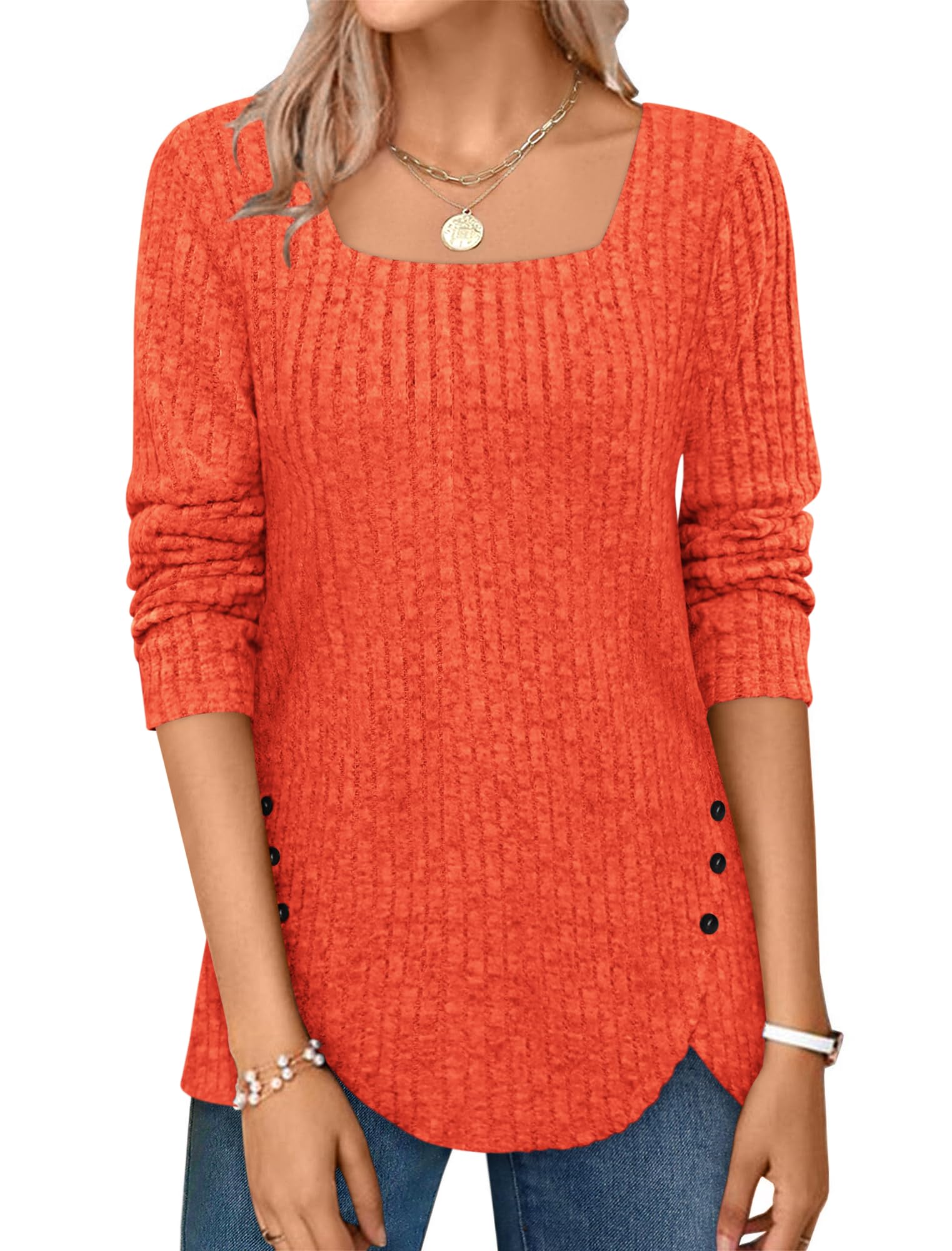⏰Hot Sale-2024 Squared Neck Sweater Ribbed Knit Tunic Tee Shirts