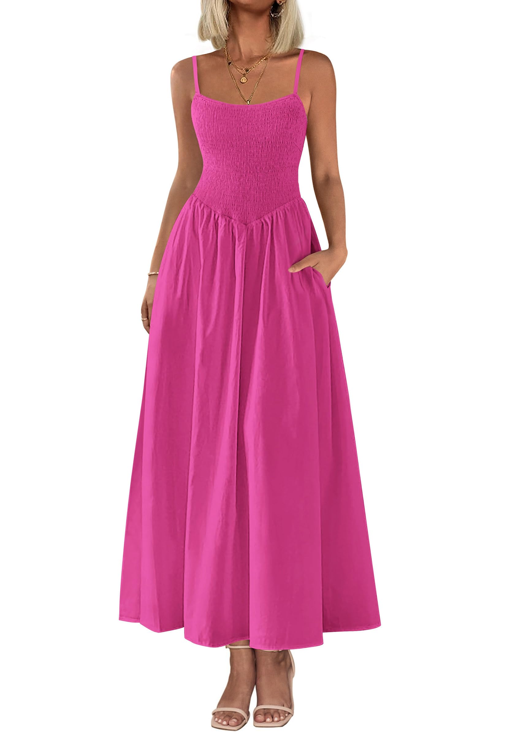 2025 Summer Women's Smocked Maxi Dresses Casual Spaghetti Strap Swing A Line Long Flowy Dress