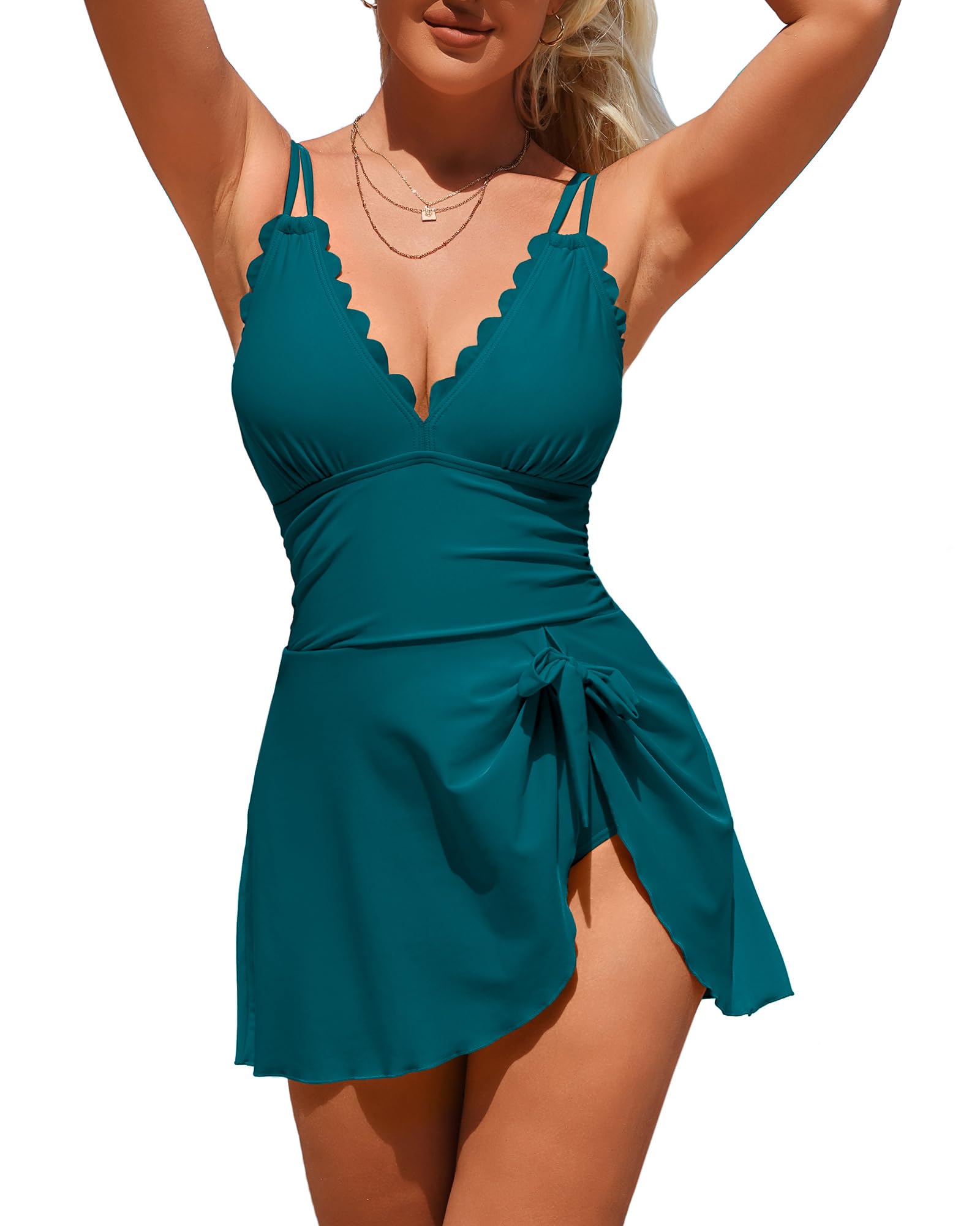 Womens Tummy Control Scalloped Modest Tie Knot One Piece Swimsuit