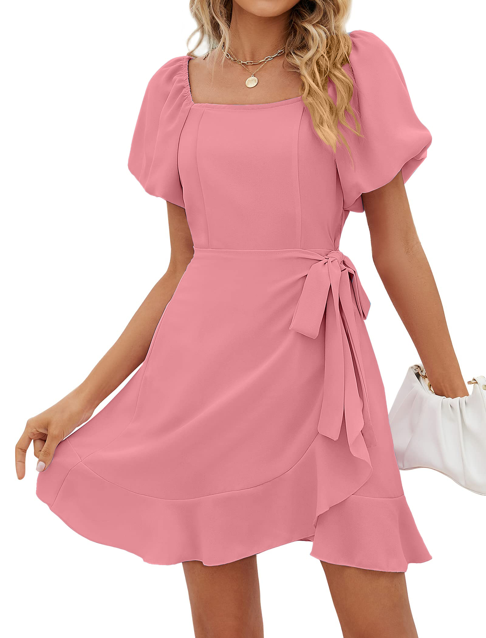 HOT SALE Women's Square Neck Puff Sleeve Tie Waist Short Dress