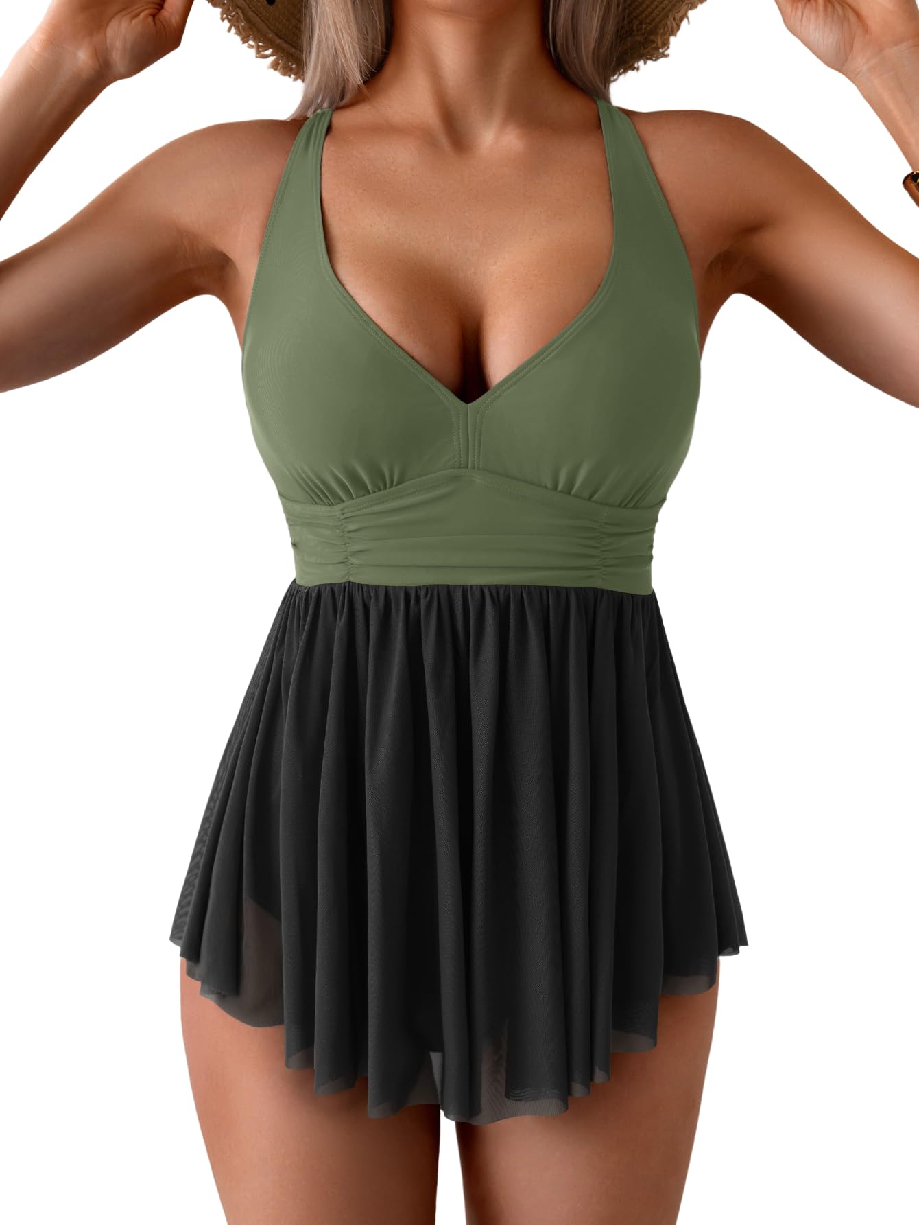 HOT SALE Women's One Piece Swim Dress Swimsuit Tummy Control Mesh Swimdress