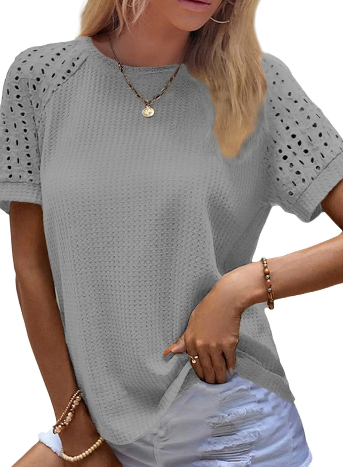 HOT SALE Women's Casual Crew Neck Hollow Out Raglan Short Sleeve Waffle Knit Tops