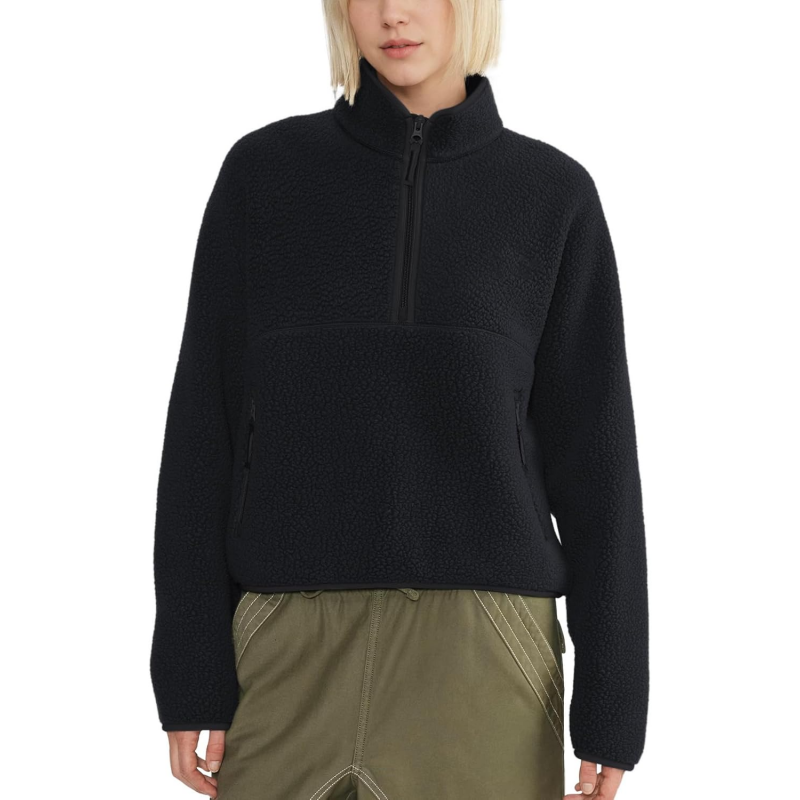 Womens Cropped Half Zip Fuzzy Warm Sherpa Fleece Pullover with Zipper Pockets