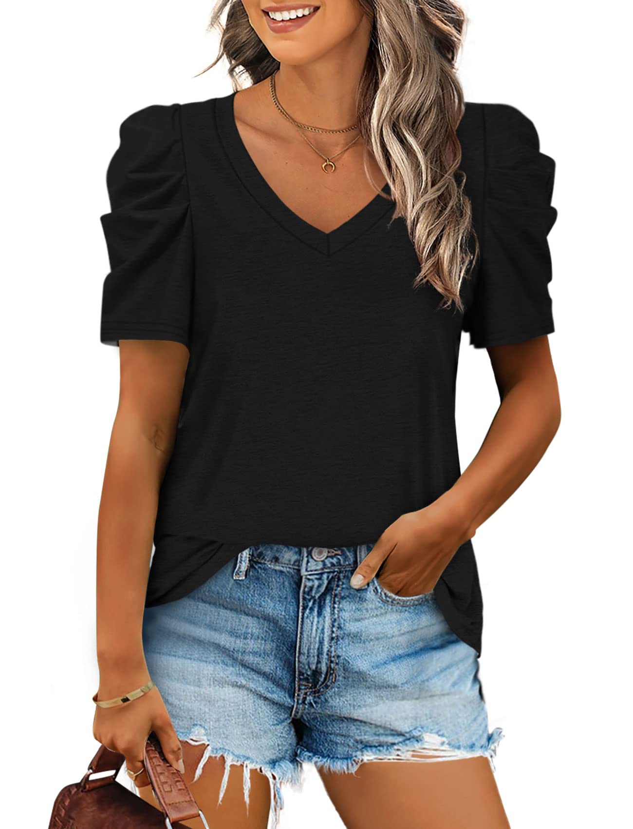 2025 Women's Summer V Neck Puff Sleeve Tshirts(BUY 2 10% off)