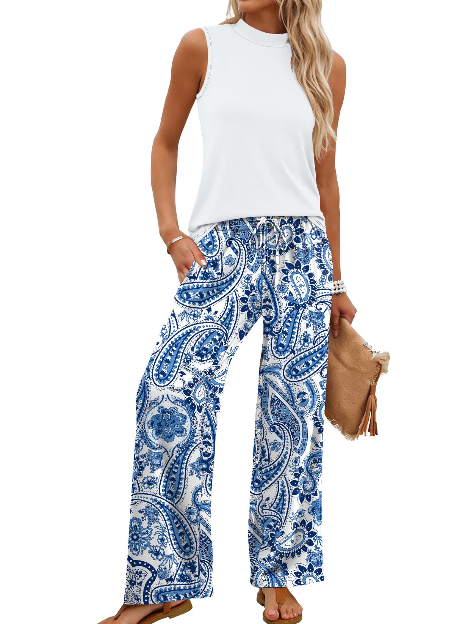 Women Summer Spring Outfits Mock Neck Wide Leg Pants Two Piece Set