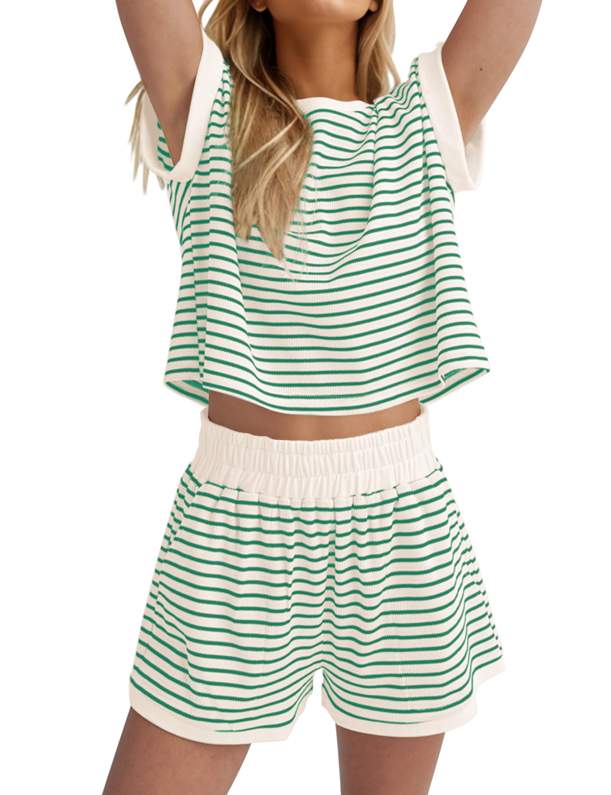Women Summer Striped Short Sleeve Tee Shirts Mini Shorts 2 Piece Lounge Sets