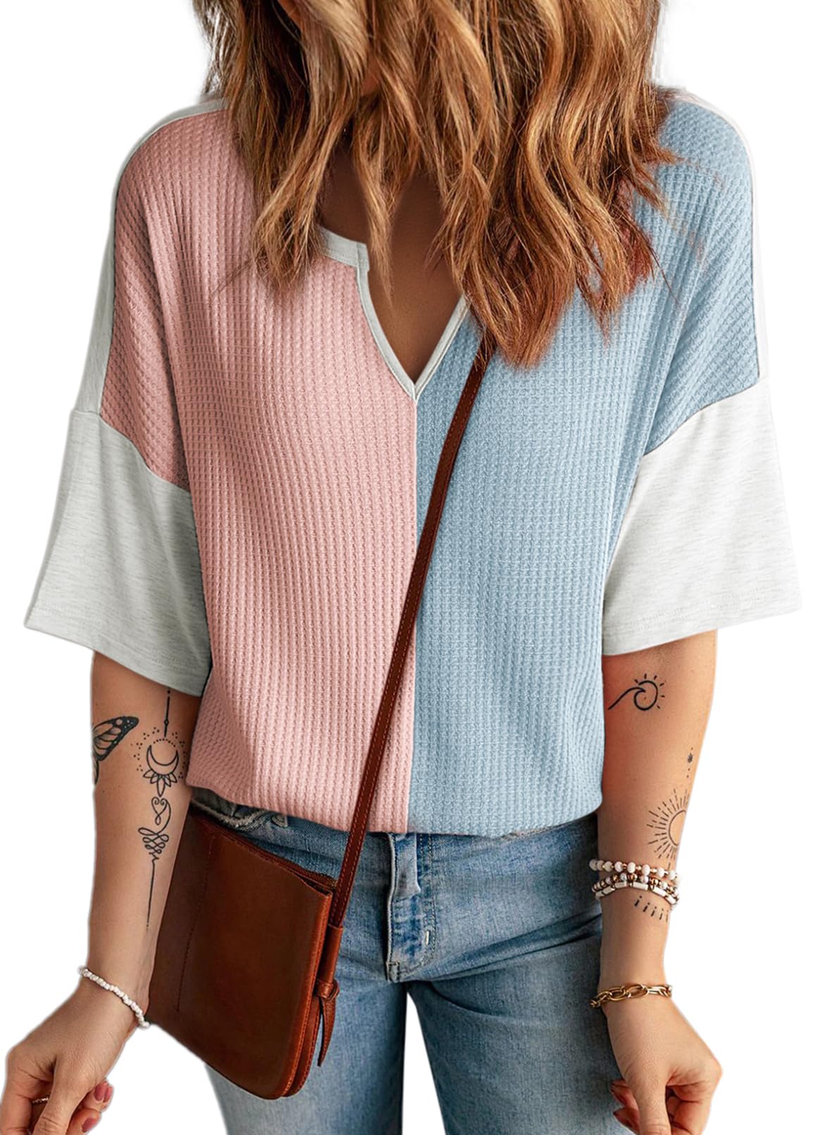 2025 New Women's Half Sleeve Waffle Knit Casual V Neck Colorblock Patchwork Shirts(buy 2 free shipping)