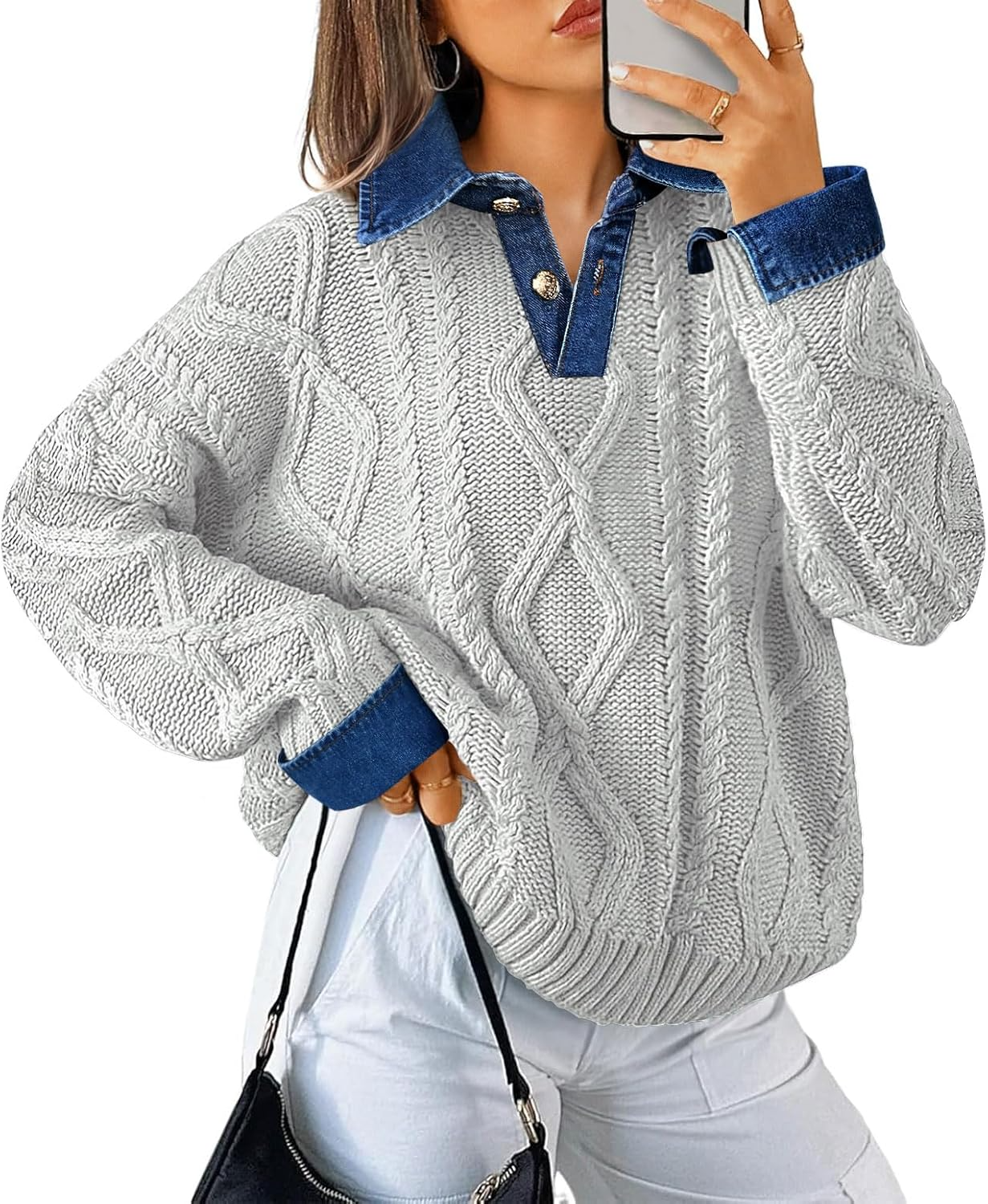 Womens Oversized Denim Polo Neck Cable Knit Sweaters 
