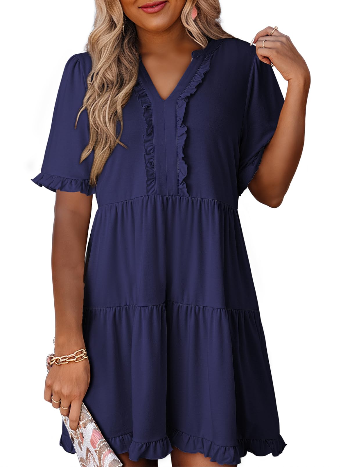 2025 New Women's V Neck Short Sleeve Casual A Line Flowy Swing Shift Dress(buy 2 free shipping)