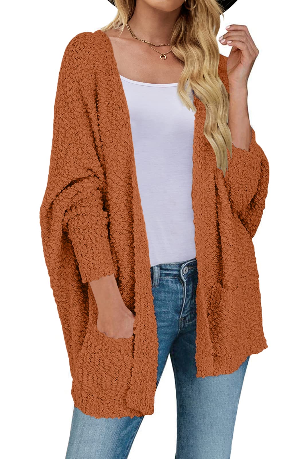 Women's 2024 Fall Winter Popcorn Long Sleeve Open Front Chunky Knit Oversized Cardigan Sweater Coat