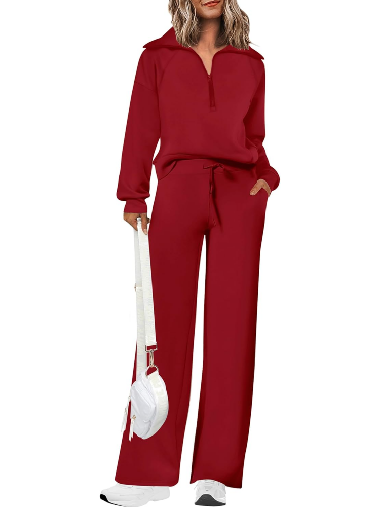 Women's Lapel Half Zip Sweatshirts And Wide Leg Pants Tracksuit Sets (Buy 2 Free Shipping)