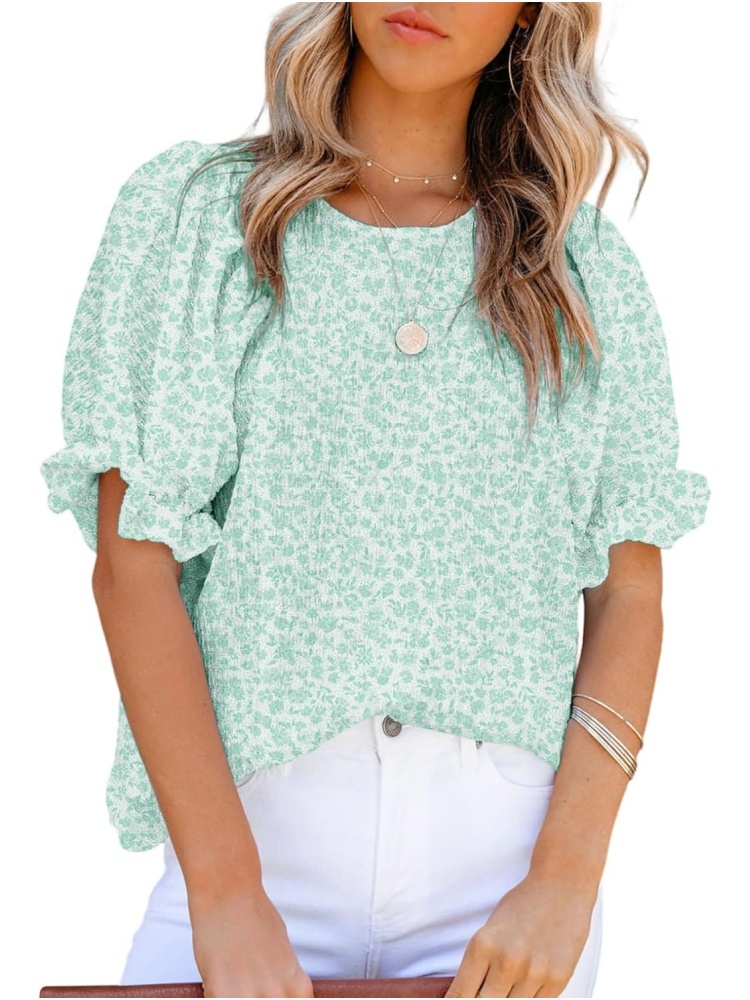 Women's Crewneck Smocked Puff Sleeve Floral Print Blouse (BUY 3 FREE SHIPPING)