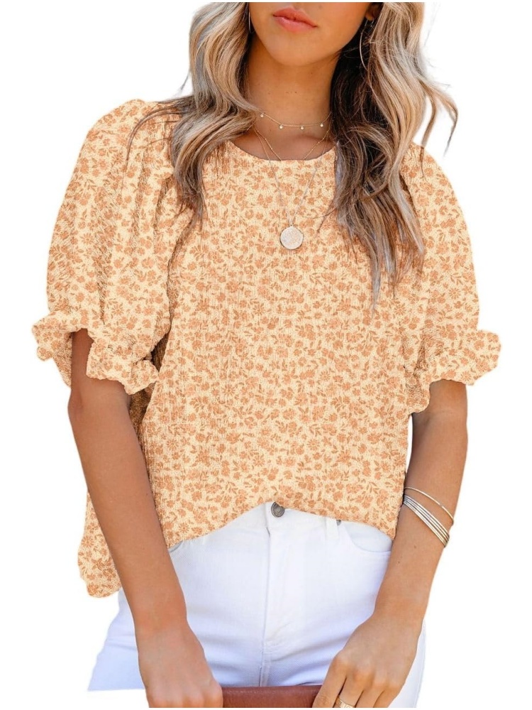 Women's Crewneck Smocked Puff Sleeve Floral Print Blouse (BUY 3 FREE SHIPPING)