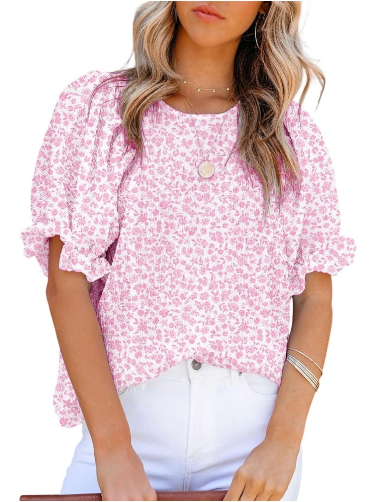 Women's Crewneck Smocked Puff Sleeve Floral Print Blouse (BUY 3 FREE SHIPPING)