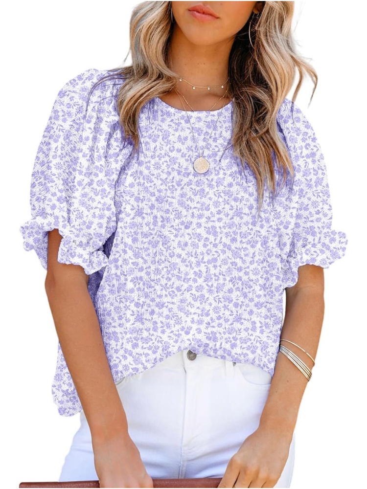Women's Crewneck Smocked Puff Sleeve Floral Print Blouse (BUY 3 FREE SHIPPING)