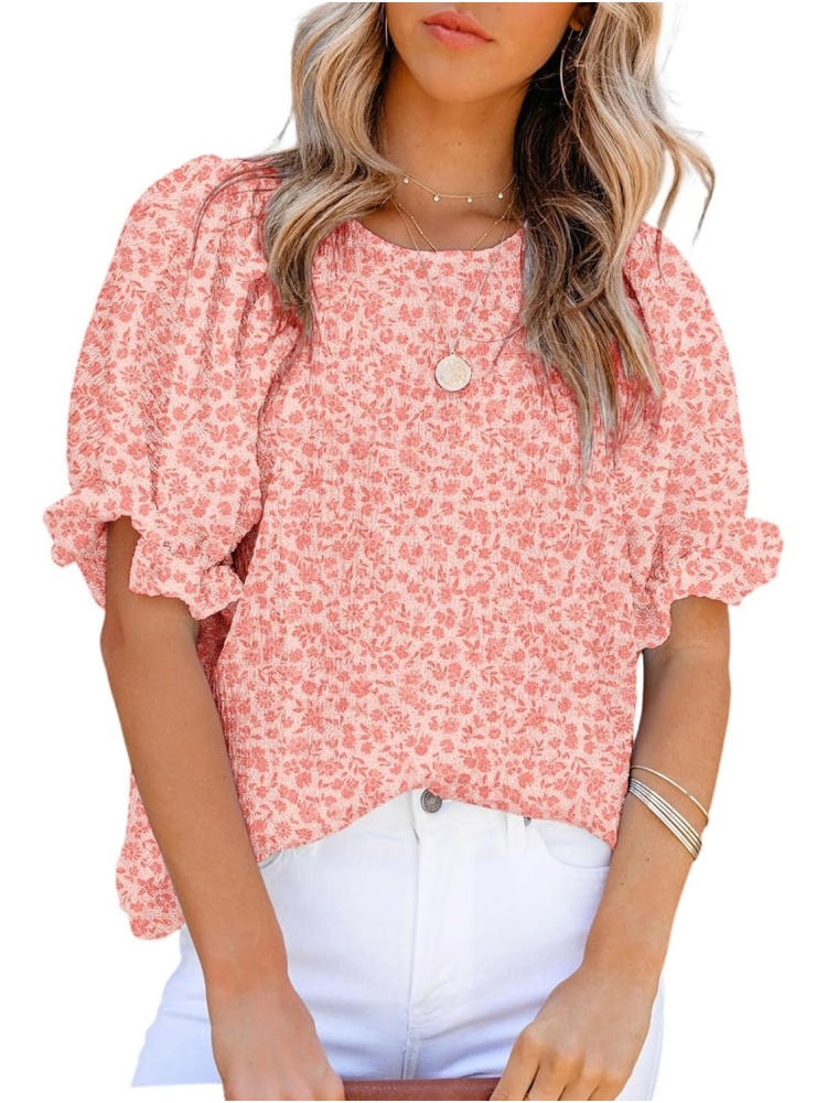 Women's Crewneck Smocked Puff Sleeve Floral Print Blouse (BUY 3 FREE SHIPPING)