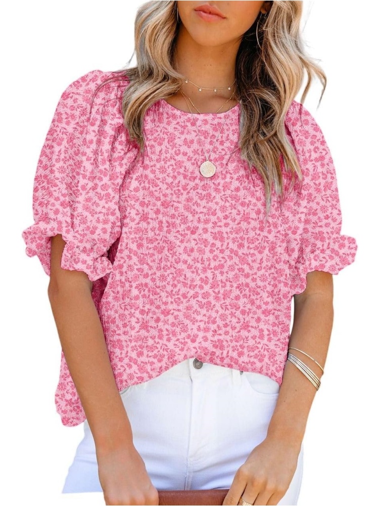 Women's Crewneck Smocked Puff Sleeve Floral Print Blouse (BUY 3 FREE SHIPPING)