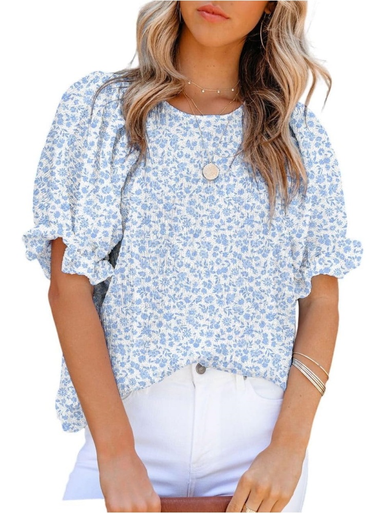 Women's Crewneck Smocked Puff Sleeve Floral Print Blouse (BUY 3 FREE SHIPPING)