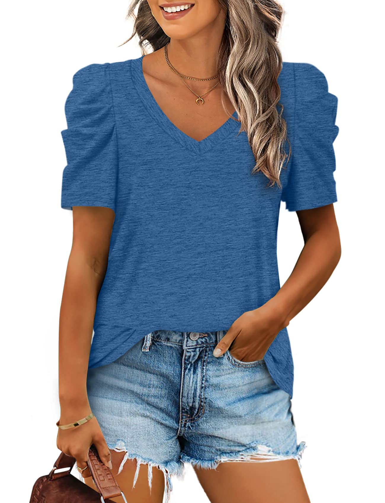 2025 Women's Summer V Neck Puff Sleeve Tshirts(BUY 2 10% off)