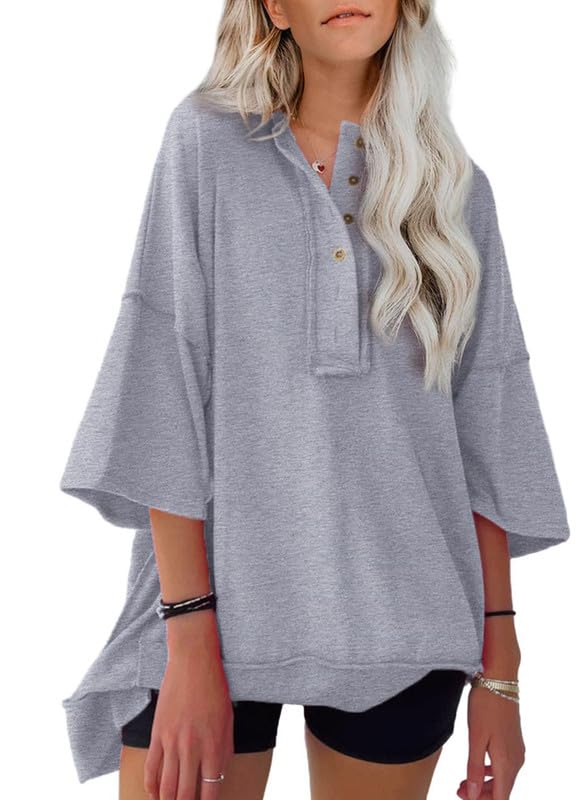 NEW🔥 Women's  Oversized T Shirts Casual Short Sleeve Henley Neck Tees(BUY 2 FREE SHIPPING)