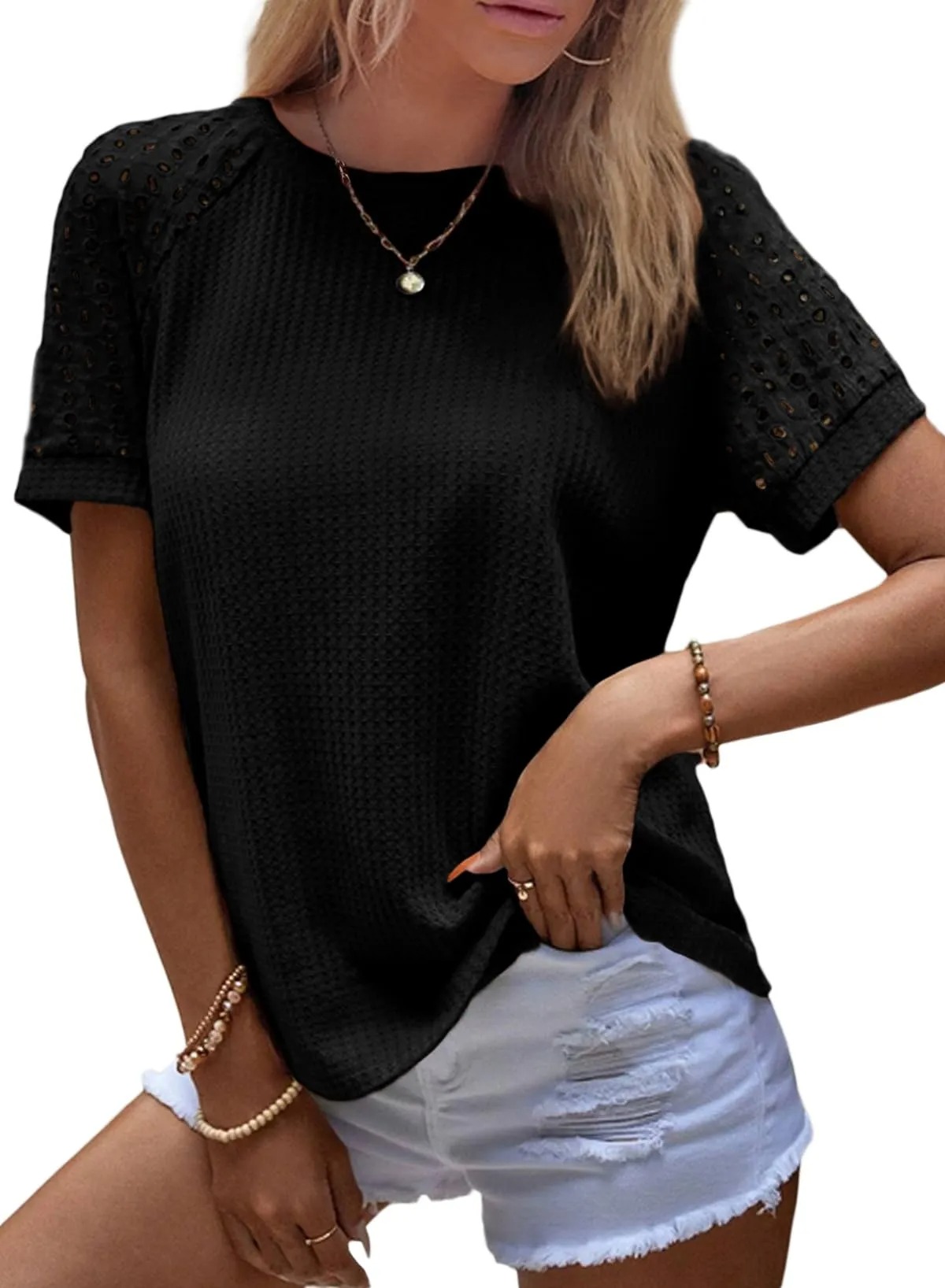 HOT SALE Women's Casual Crew Neck Hollow Out Raglan Short Sleeve Waffle Knit Tops