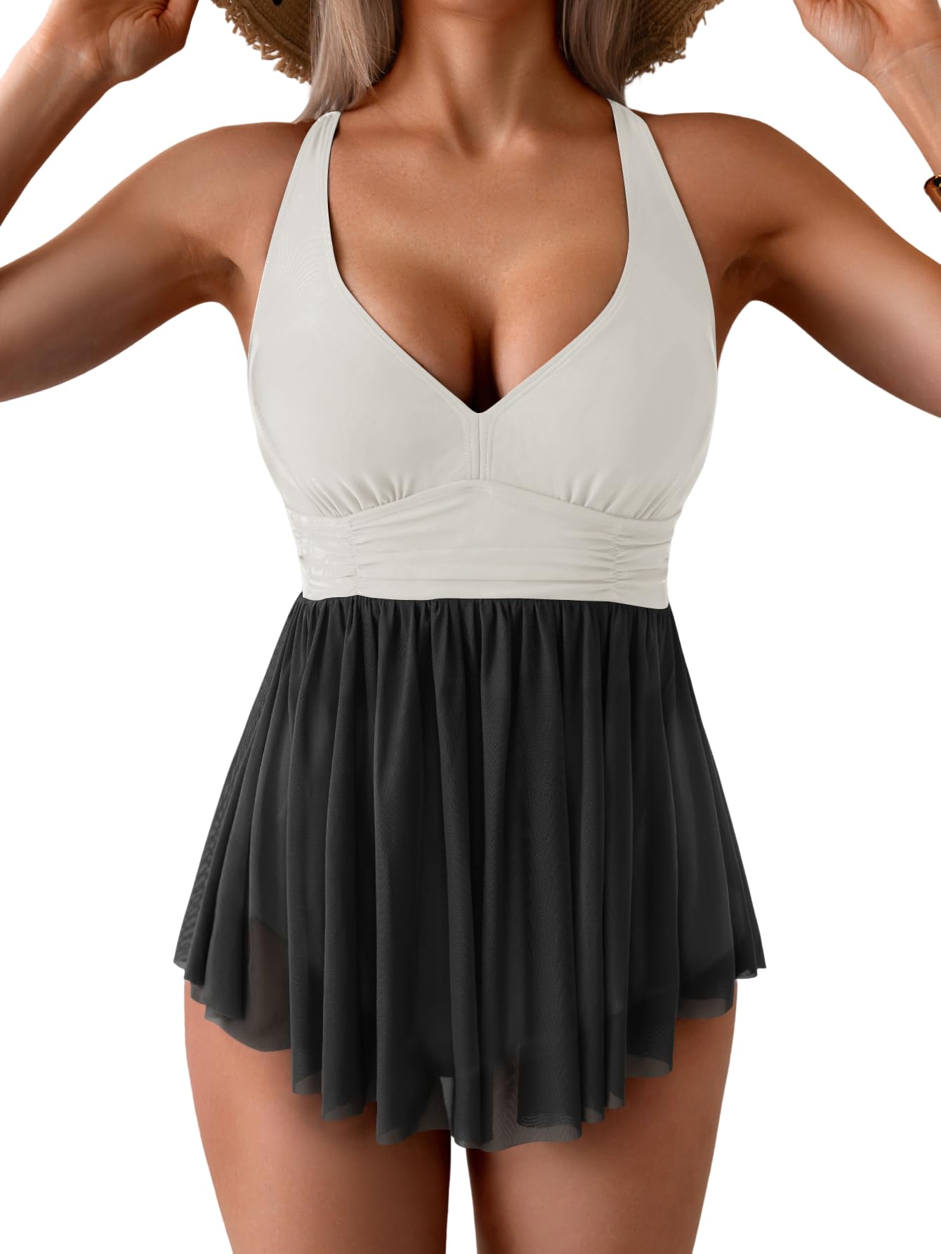 HOT SALE Women's One Piece Swim Dress Swimsuit Tummy Control Mesh Swimdress