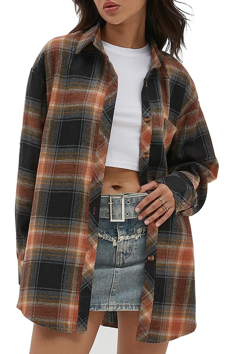 Women's Button Down Flannel Shirts Plaid Shacket